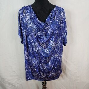 DANA BUCHMAN Size 3X Classic Blue Paisley Cowl Neck Stretch Casual Office Blouse